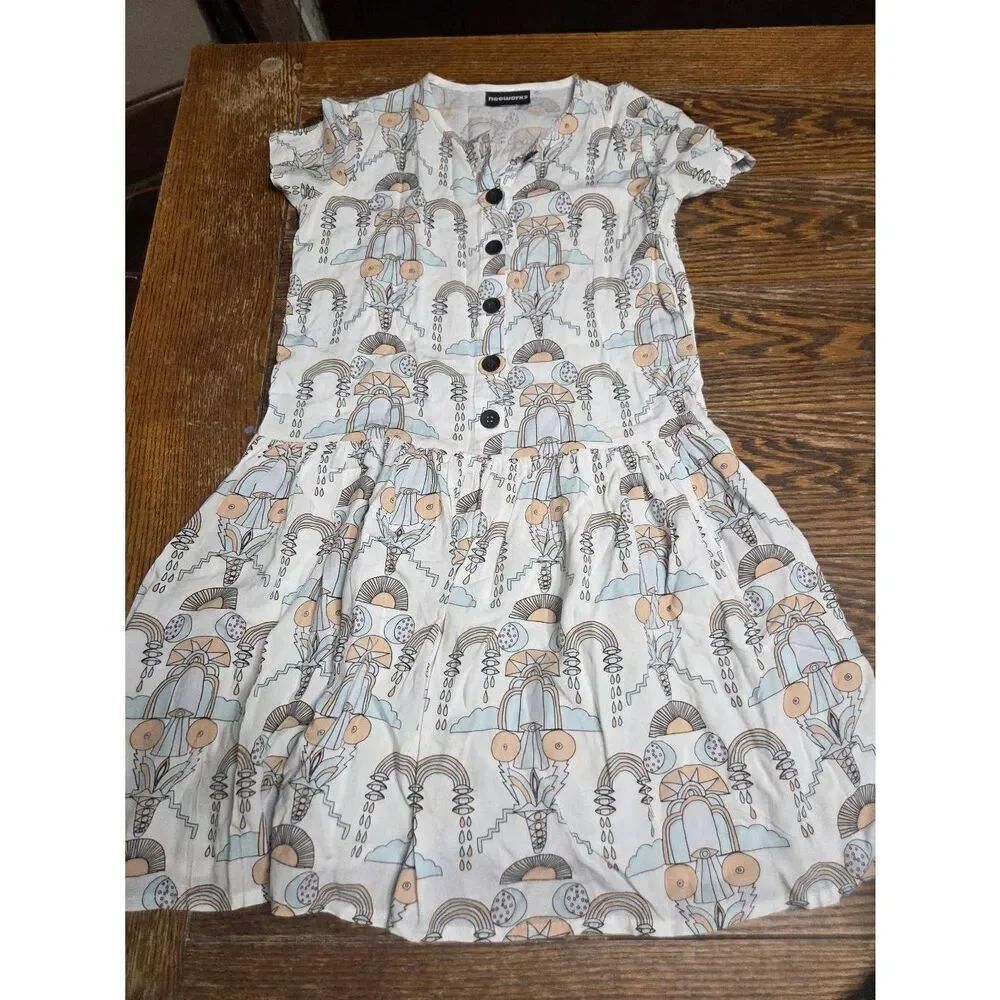 Nooworks funky white background print mini dress sz XS